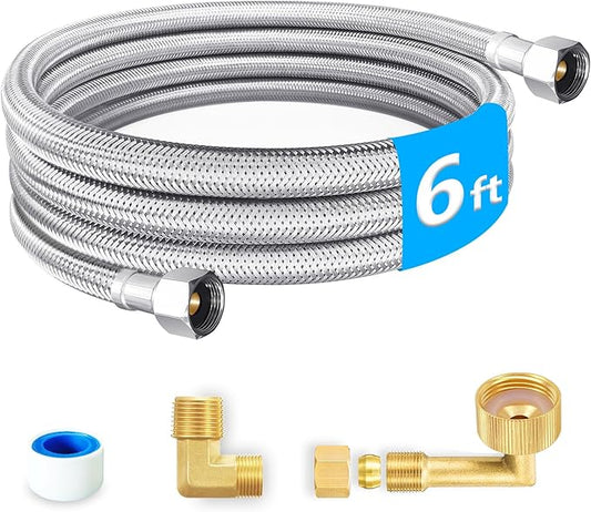 Dishwasher Installation Kit - 6 FT Premium Stainless Steel Braided Dishwasher Hose kit,Food Grade PEX Inner Tube Dishwasher Water Supply Line with 3/8"x3/8"MIP Elbow,3/8"x 3/4" FHT Elbow