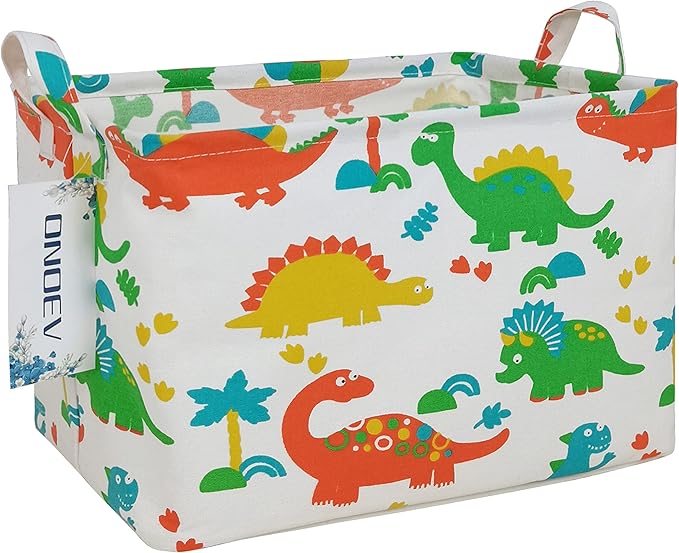 Rectangular Folding Laundry Basket, Canvas Basket,Nersury Hamper,Suitable for Children,Office,Bedroom,Clothes,Toys Storage（Dinosaur Paradise） (1)