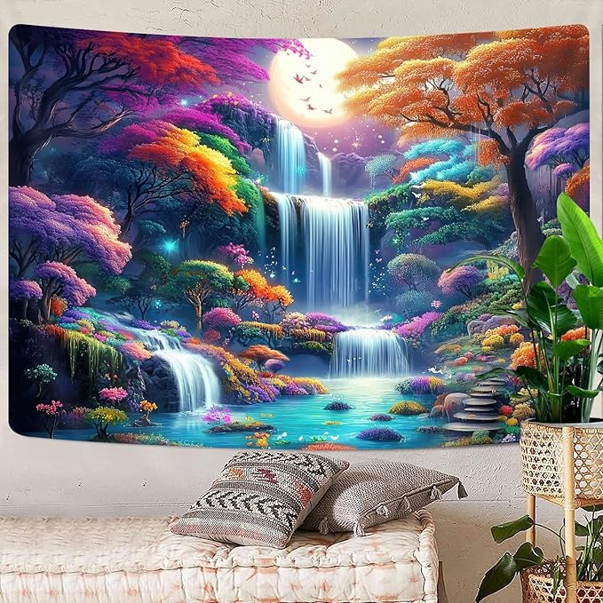 GOAOK Fantasy Enchanted Forest Tapestry, Fairytale Wonderland Colorful Tree Waterfall Art Moon Magical Aesthetic Landscape Tapestry Wall Hanging for Bedroom College Dorm Room?60"X40"Inch