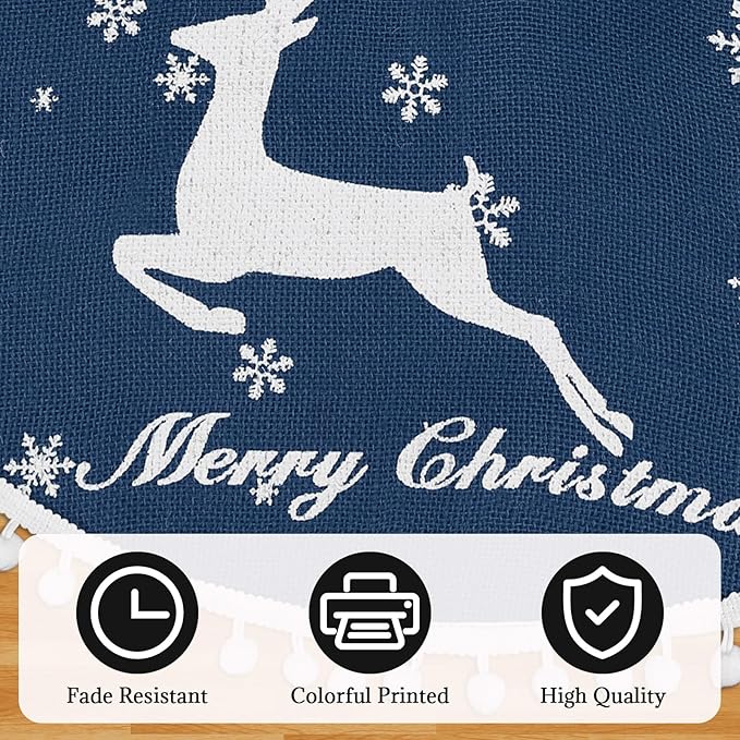 48 Inch Christmas Tree Skirt, Burlap Blue Christmas Rustic Tree Skirt with Elk Deer and White Snowflake Printed for Holiday Party Xmas Tree Decoration
