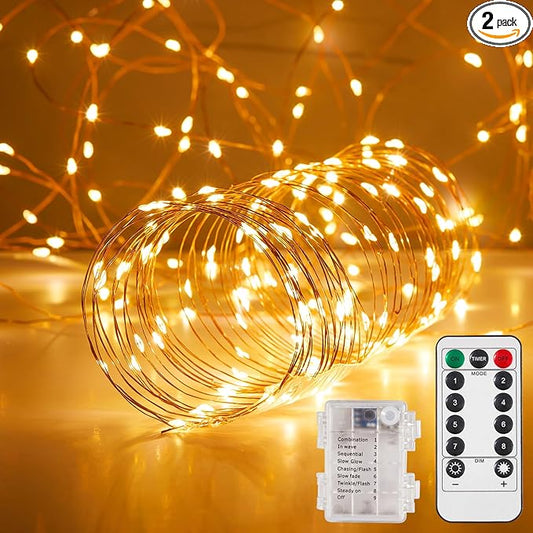 2 Pack 65.6 Ft. Battery Operated Outdoor String Lights with Remote & Timer, LED Warm White Fairy Lights, Waterproof Twinkle Lights for Bedroom, Dorm, Mason Jar, Wedding, Party, Christmas