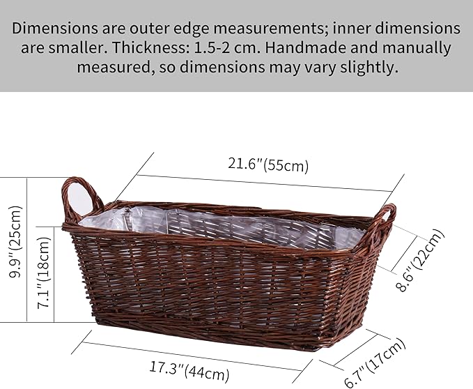 Handcrafted Wicker Planter, Flower Pot Cover, Plant Window Box, Plant Container, Natural Brown Unpeeled Willow, Long Rectangular