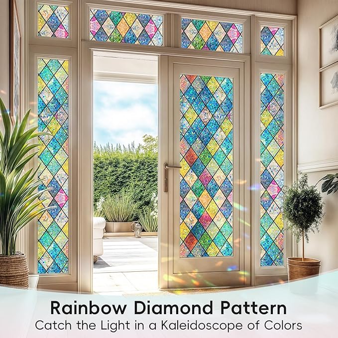 DUOFIRE Stained Glass Window Film Decorative Window Privacy Film Rainbow Diamond Grid Colorful Lattice Windows Cling Anti UV Static Cling Reusable Windows Decal for Home 11.8×39.3 inch