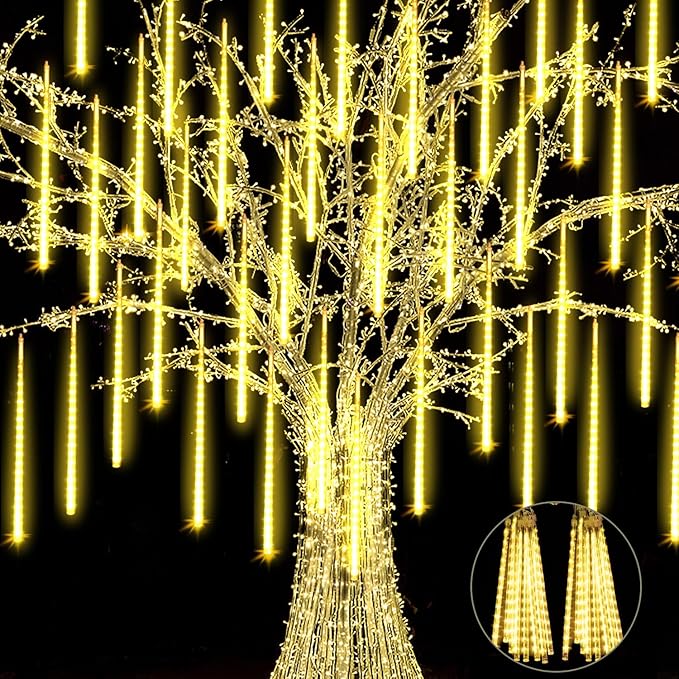 4 Pack Meteor Shower Rain Lights - 20in, 40 Tube, 1440 LEDs Icicle Lights for Xmas, Halloween, Wedding, Party, Tree, Holiday Decoration, Warm White