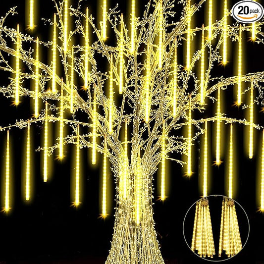 2 Pack Christmas Meteor Shower Rain Lights 12inch, 20 Tube 480 LEDs Icicle Outdoor Raindrop for Xmas Halloween Wedding Party Tree Holiday Decoration, Warm White