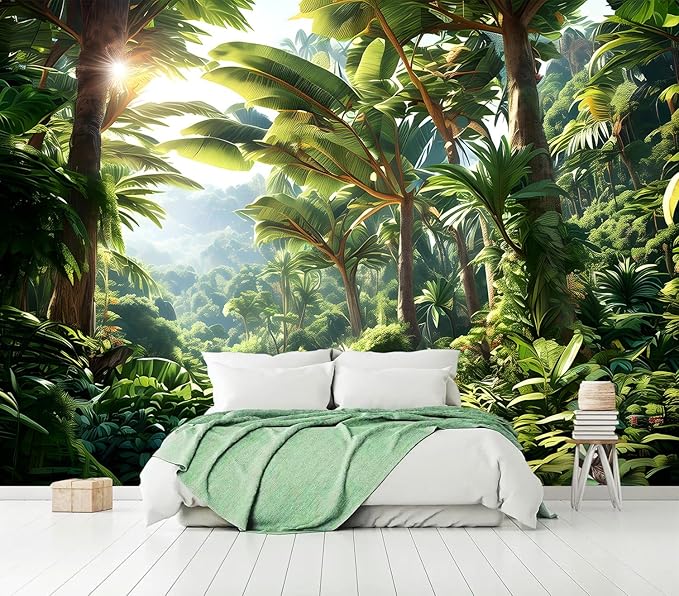 AFZEVEB-Green Tree Wall Mural Tropical Jungle Wallpaper for Bedroom 114"x74"(Not Peel and Stick)