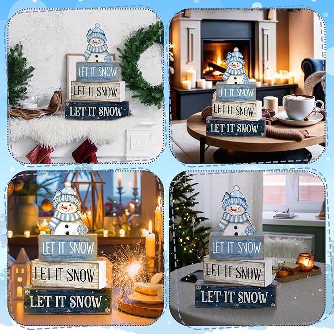 4 Pcs Christmas Wooden Tabletop Decor Snowman Blue Tiered Tray Decor Christmas Plaid Block Signs Centerpiece Farmhouse Winter Let It Snow Table Decoration for Home Kitchen Shelf