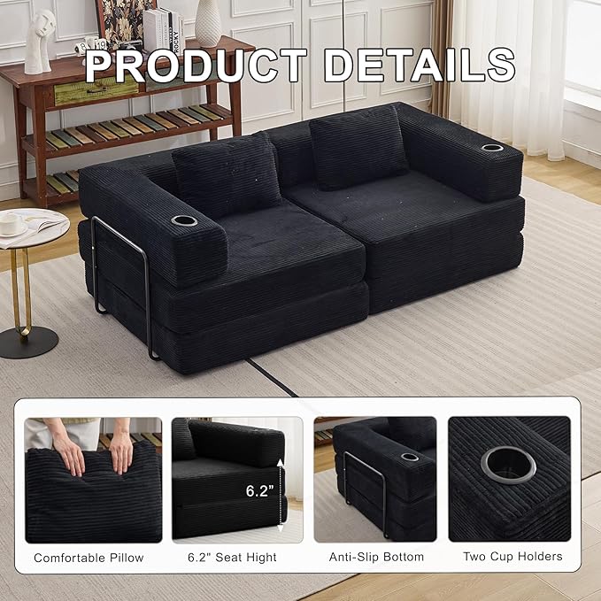 78" W Loveseat Sofa, 4 in 1 Convertible Floor Sofa Bed, Boneless Cloud Couch with Cup Holder, Fold Out Floor Couch, Loveseat Recliner Sleeper for Living Room Bedroom Lounge(Corduroy, White)