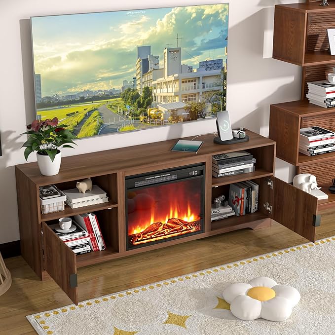 Fireplace TV Stand for Television up to 80 Inch,Entertainment Center with Adjustable Shelf,Mid-Century Modern Fluted TV Stand with 23" Electric Fireplace,Media Console for Living Room,Bedroom