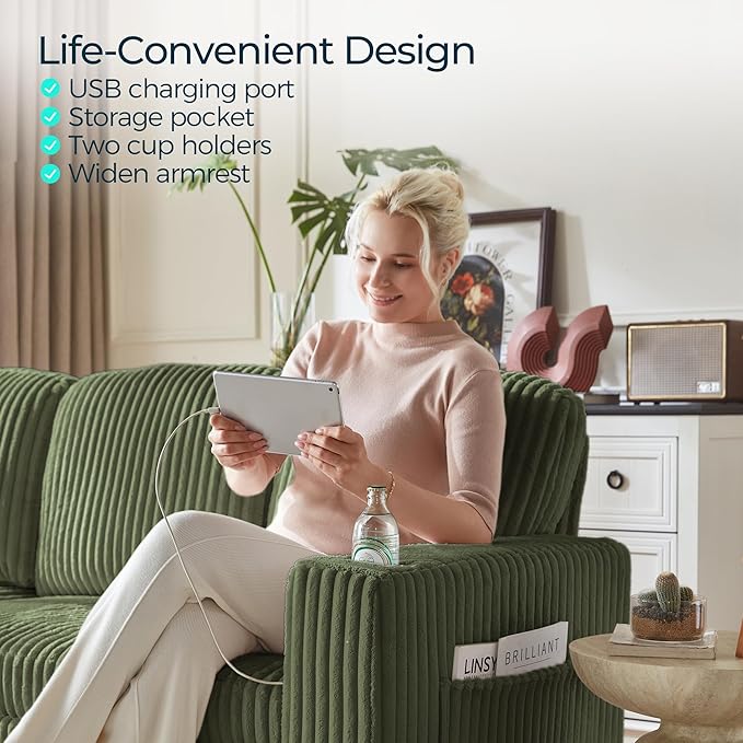 LINSY HOME Loveseat Sofa with Storage - Comfy Plush Corduroy 2 Seater Sofa with USB Charging & Cup Holders, Deep Seat Love Seat for Small Spaces Living Room Bedroom Apartment, Green