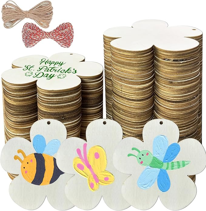 FCECOR 100PCS 4" Wooden Flowers for Crafts, Wood Flowers for Crafts Cutout Slices, Unfinished Ornaments for wood flower cutouts for Painting School DIY Crafts Projects, Party, Wedding, Christmas Decor