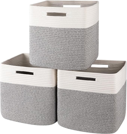 OIAHOMY 13 Kallax Inch Cube Storage Bins, 3-Pack Cotton Rope Woven Baskets for Organizing, Kallax Insert Storage Baskets for Shelves, Baby Nursery, Closet Organizer, 13*13*12.6IN, Grey & White