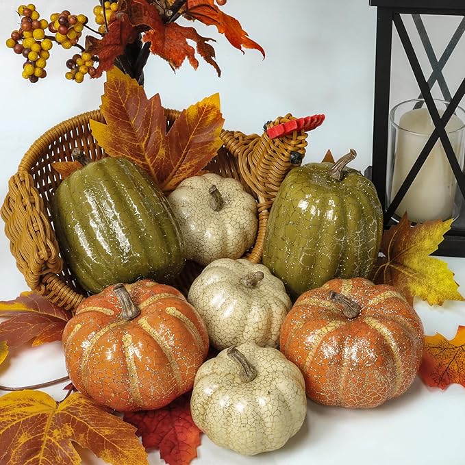 8Pcs Fake Pumpkins Fall Thanksgiving Decorations,Assorted Colors Plastic Pumpkins Home Decor, Artificial Mini Pumpkin for Decorating Autumn Harvest Outdoor Indoor Decor Centerpiece Table Decorations