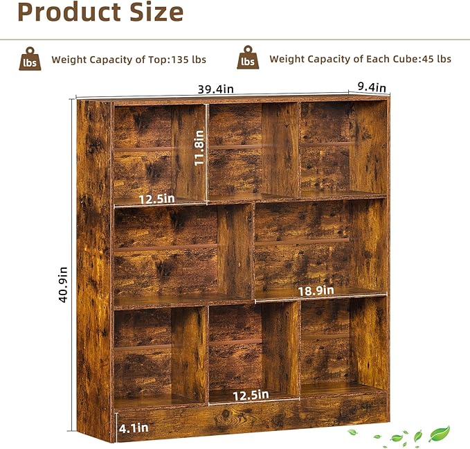 LEYAOYAO 8 Cube Bookshelf with Wood Base, Brown 3 Tier Mid-Century Modern Bookcase,Standing Wide Bookshelves Storage Organizer Shelf,Rustic Display Cabinet Book Shelves for Bedroom,Living Room,Office