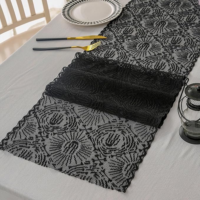 Halloween Black Lace Table Runner Ghost Hand Pattern Gothic Table Decorations Fireplace Mantel Scarf Halloween Indoor Party Tabletop Decor Supplies for Home Party 12×71 Inches