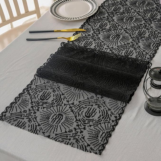 Halloween Black Lace Table Runner Ghost Hand Pattern Gothic Table Decorations Fireplace Mantel Scarf Halloween Indoor Party Tabletop Decor Supplies for Home Party 12×71 Inches