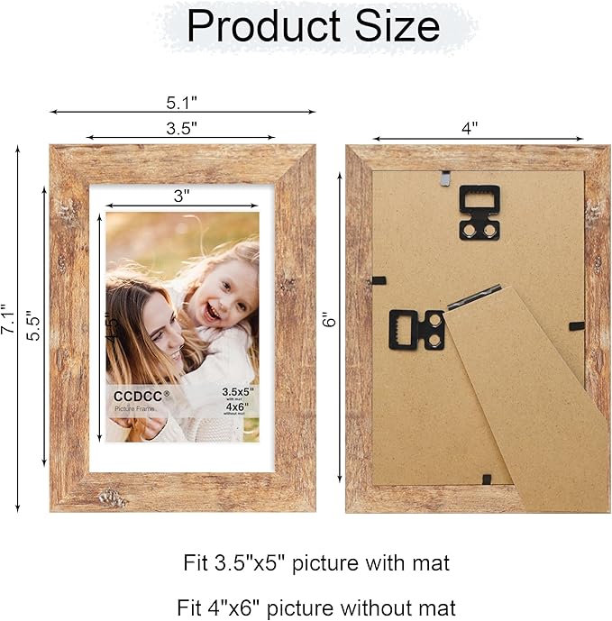 4x6 Picture Frame Set of 4, 4 x 6 Wood Photo Frames with Mat for 3.5x5, Natural Wooden Frame with Real Glass Cover for Wall and Tabletop Display,Brown
