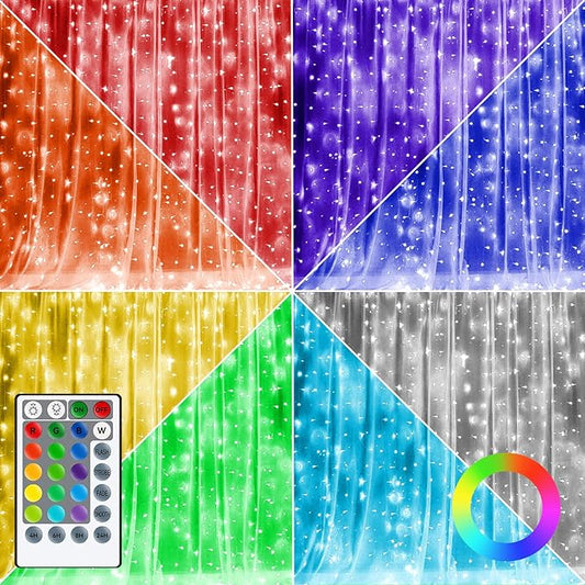 Dazzle Bright Window Curtain Fairy Lights, 300 LED RGB Color Changing Copper Fairy Lights with Remote, 4 Lighting Modes USB Powered Icicle Lights for Indoor Outdoor Wedding Party Xmas Decor