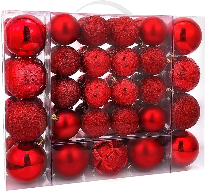 87ct Christmas Ball Ornaments Set Shatterproof Seasonal Hanging Decorations with Reusable Hand-held Gift Package for Xmas Tree Holiday Party and Home Decor, Red