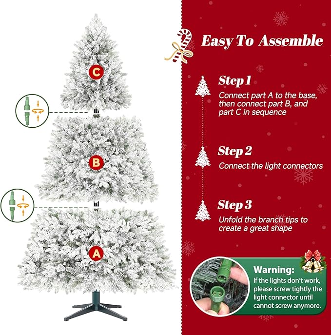 7.5FT Snow Flocked Pre-Lit Christmas Tree with 360° Rotating Base, 1470 PE/PVC Tips, 470 LED Lights, 8 Modes, Dimmable and Timer Functions, Musical Artificial Xmas Tree for Holiday Decor