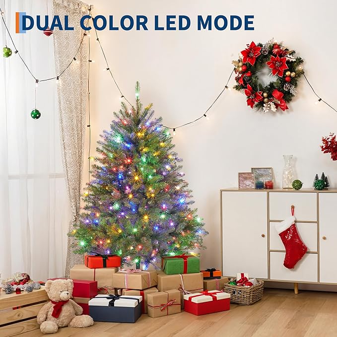 4.5FT Pre-Lit Artificial Christmas Tree with Color Lights,Green PE & PVC Artificial Xmas Tree,Easy Assembly, Full Branch Tips& Foldable Stand for Home, Office, Party Decoration for Xmas Holiday