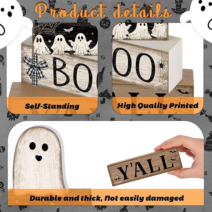 4 Pcs Halloween Table Decoration Wooden Ghost Tiered Tray Decoration Rustic Wood Ghost Block Signs Gift Halloween Centerpiece Farmhouse for Home Tabletop Kitchen Shelf