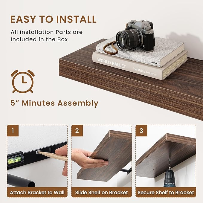 fuqing Floating Shelves for Wall, Bathroom Shelf Wall Mounted for Storage, Shelves with Invisible Bracket for Bedroom, Kitchen, Living Room, Farmhouse Small Book Shelf, 6.5 Inch Set of 3, Walnut