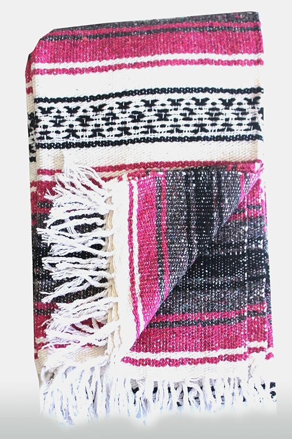 Del Mex Classic Mexican Blanket, Large Authentic Woven Falsa Throw (70"x50"), Artisan Southwest Décor for Beach, Yoga, Outdoors (Hot Pink/Fuchsia)