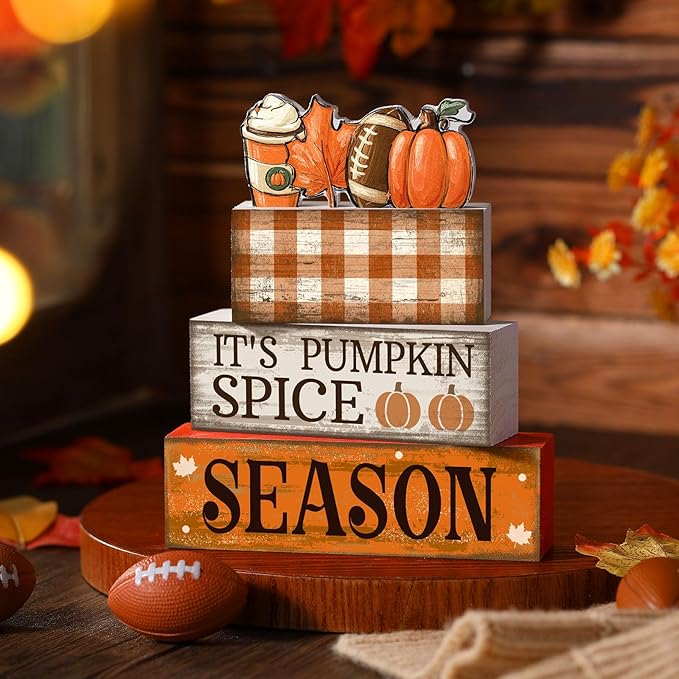 4 Pcs Fall Football Decorations for Home Fall Table Decor Thanksgiving Tiered Tray Decor Decorative Football Maple Leaves Pumpkins Block Signs Farmhouse Autumn Centerpiece for Home Kitchen