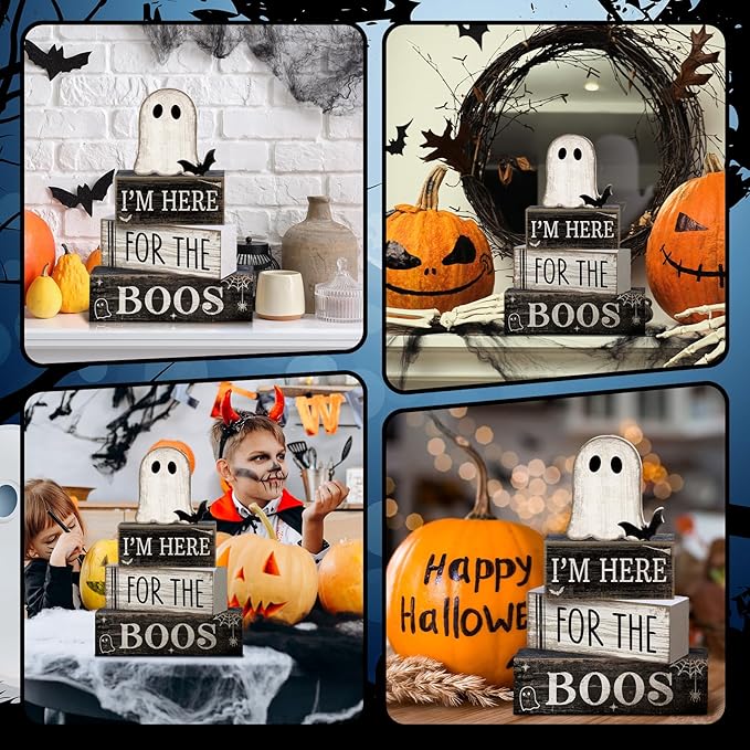 4 Pcs Halloween Table Decoration Wooden Ghost Tiered Tray Decor Rustic Wood Bat Ghost Block Signs Halloween Centerpiece Farmhouse for Home Tabletop Kitchen Shelf and Party Gift