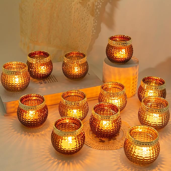 Amber Votive Candle Holders,Small Glass Tea Light Holder 12pcs,for Wedding Table,Vintage Boho Party,Holiday Centerpieces Fall Decorations