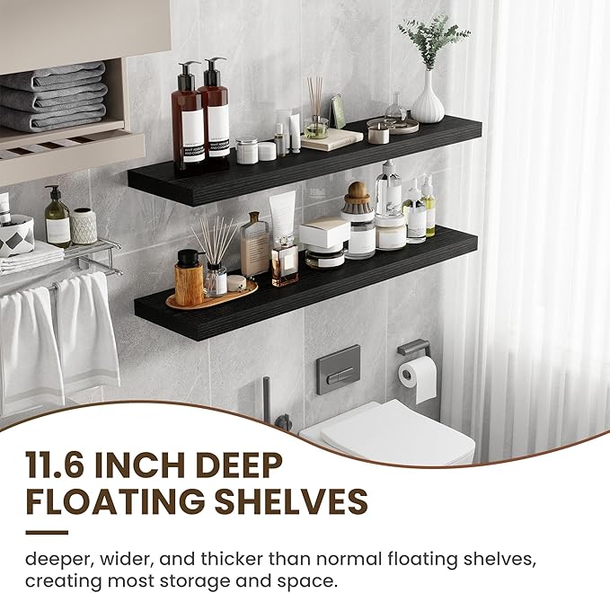 48 Inch Floating Shelves, 11.6 Inch Deep Floating Shelves for Wall, Floating Shelf with Invisible Brackets, Deep Shelves for Bathroom, Bedroom, Living Room, 1 Pack, Black