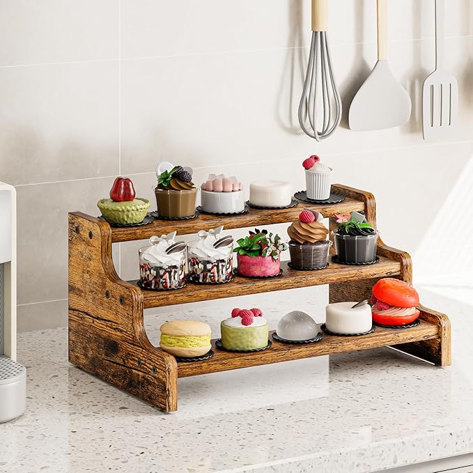 KLM 3-Tier Spice Rack, 13.8 Inch Wood Step Shelf Countertop Spice Storage Holder, Kitchen Pantry Cabinet Organizer Cupboard for Spice Bottles, Jars, Seasonings, Baking Supplies,Bathroom Organizer