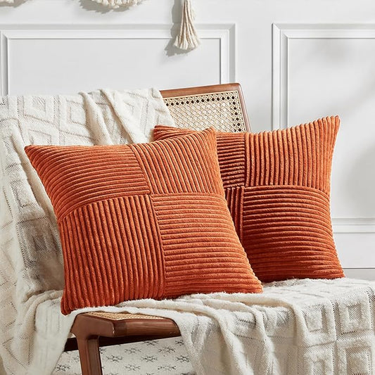 Fancy Homi Set of 2 Burnt Orange Decorative Throw Pillow Covers 20x20 Inch for Living Room Couch Bed, Boho Farmhouse Fall Home Decor, Soft Corss Corduroy Patchwork Textured Cushion Case 50x50 cm