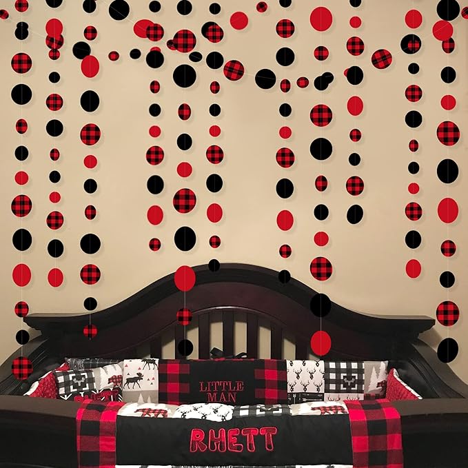 46Ft Buffalo Plaid Polka Dot Garlands Black Red Checkered Paper Circle Dot Streamer Banner for Baby Shower Bridal Shower Birthday Bachelorette Christmas Holiday Halloween Party Decorations Supplies