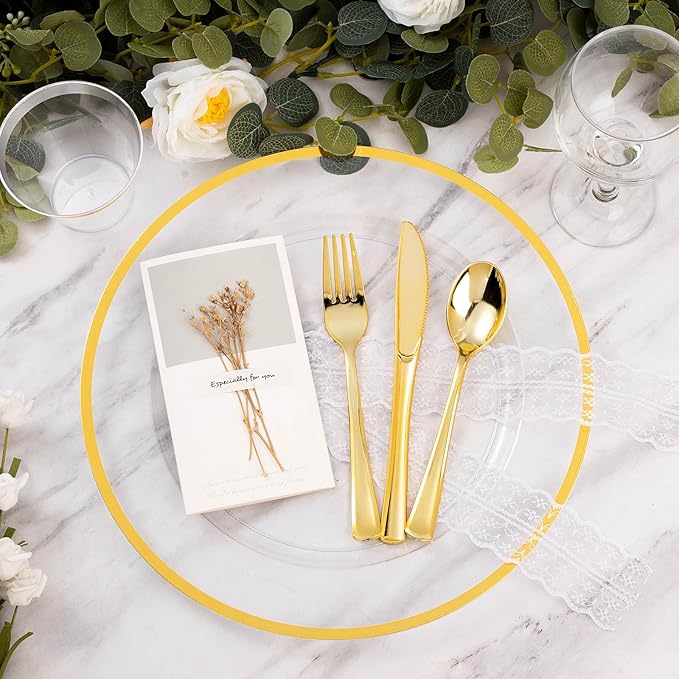 Goodluck 12 Inch Disposable Charger Plates Plastic, 100 Pack Plastic Clear Charger with Gold Rim, Gold Charger Plates for Dinner, Wedding, Party
