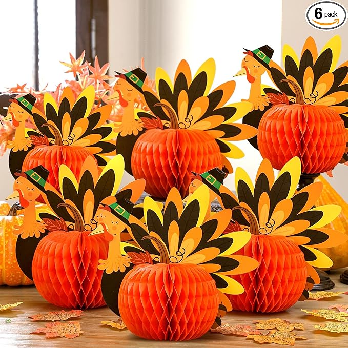 6 Pcs Fall Centerpiece Table Decorations Turkey Centerpiece Thanksgiving Table Decor 3D Paper Turkey Honeycomb Standing Decorations for Autumn Harvest Party Kitchen Tabletop Home Decor