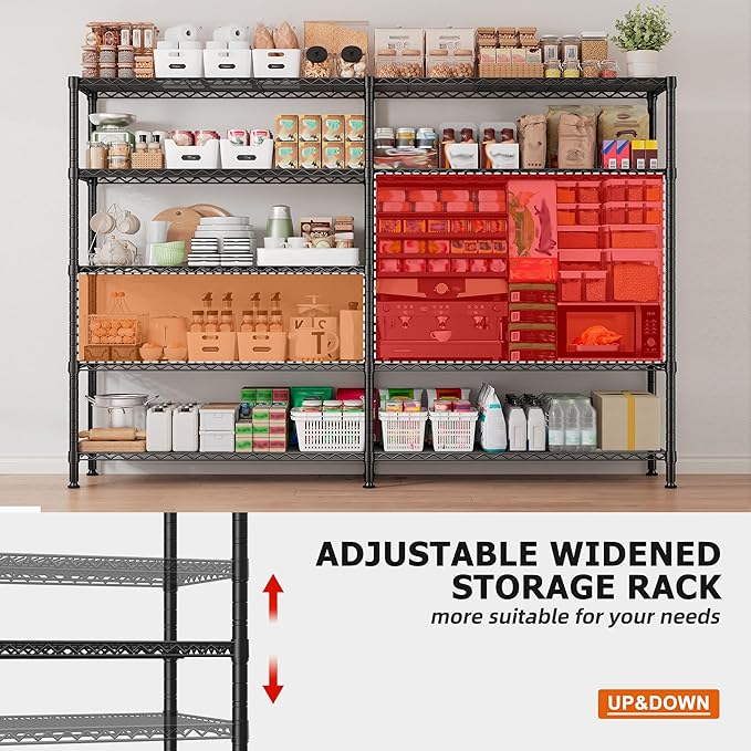 REIBII 1600LBS Storage Shelves Metal Shelving 5 Tier Wire Shelving Unit, 69.8" W Pantry Shelves Kitchen Shelves Adjustable Wire Shelf for Garage Storage Shelves, 69.8" Wx15.8 Dx72.4 H, Black