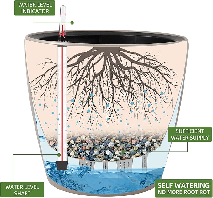 Dexceder 13x12 Self Watering Planter with Wheels Indoor Outdoor, Inner Pot Design, Thickened Large Floor Standing Flower Plant Pot with Water Level Indicator (Taupe Matte)