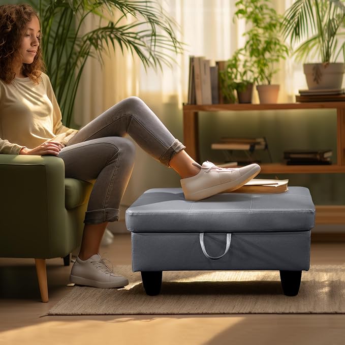 Ottoman Rectangular Storage Ottoman Bench, Faux Leather Footrest, Coffee Table, Stool Footstool with Hinged Lid for Living Room, Bedroom, Entryway, Gray, 28.5"x19"x17.5"