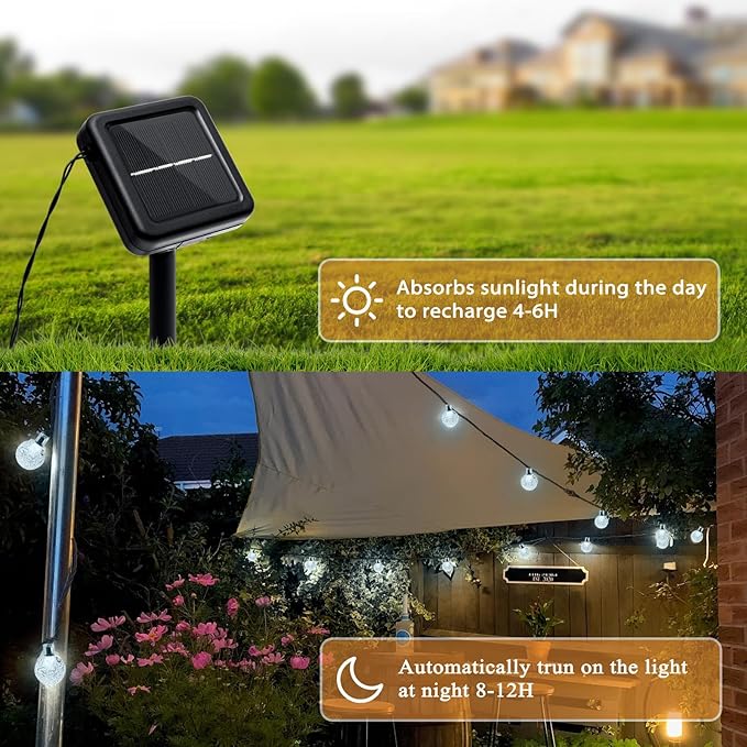 Outdoor Solar String Lights, 2x46FT 66LED 8Modes Crystal Solar Powered Christmas Fairy String Lights Waterproof for Outside Yard Fence Easter Holiday Party Garden Decor 2Pack(Pure White)
