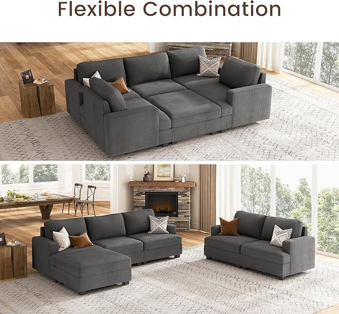 Nolany Modular Sectional Couch with Storage Ottoman, Corduroy Sleeper Sectional Sofa with Chaise, Sectional Couches for Living Room, Dark Grey