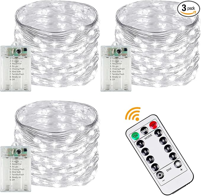 3 Pack Fairy Lights Battery Operated with Remote Control Timer, 26 FT 80 LED String Lights Outdoor Indoor, 8 Mode Twinkle Lights for Christmas Party Wedding Birthday Bedroom Décor (Cool White)