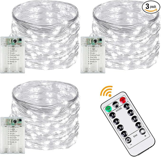 3 Pack Fairy Lights Battery Operated with Remote Control Timer, 26 FT 80 LED String Lights Outdoor Indoor, 8 Mode Twinkle Lights for Christmas Party Wedding Birthday Bedroom Décor (Cool White)