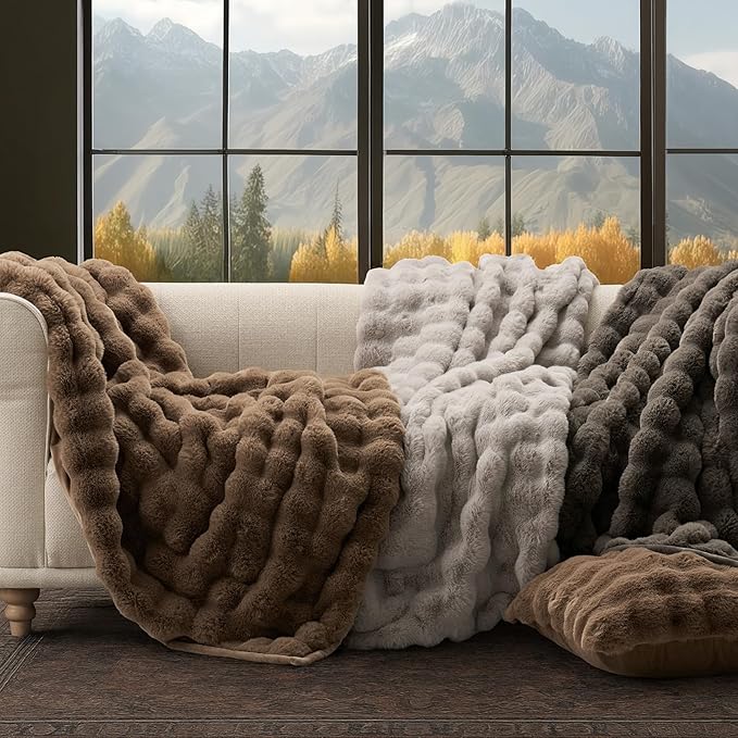 EVERGRACE Ultra Soft Luxury Fluffy Faux Rabbit Fur Throw Blanket, Thick Warm Fuzzy Blankets for Bed, Cozy Plush Reversible Blanket for Couch, Chair, Sofa, Dark Taupe, 60x80 Inches, 870 GSM