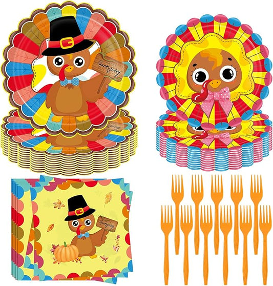 Turkey Thanksgiving Party Supplies - 96 Pcs Fall Decorations Set With Paper Plates, Napkins, Forks - Autumn Disposable Tableware for Harvest Party