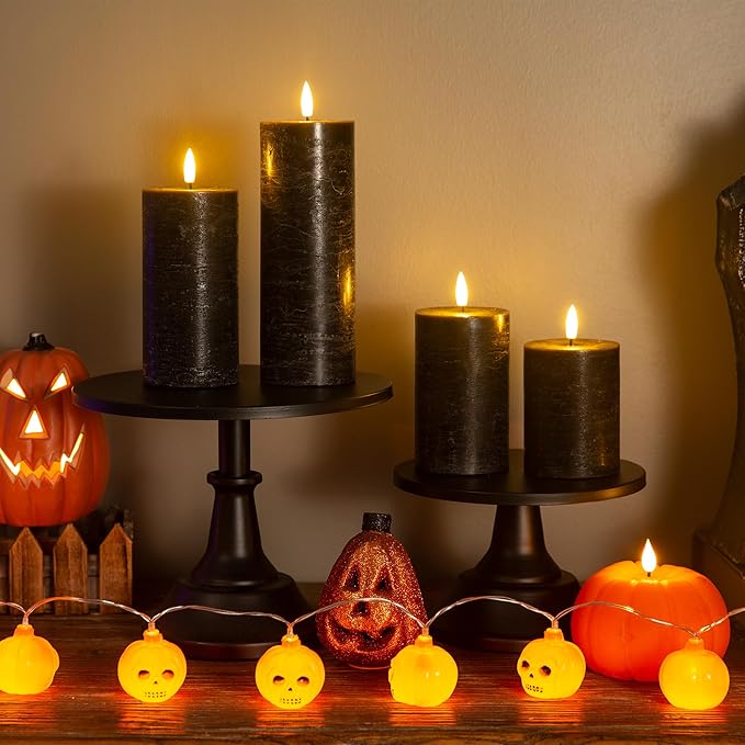 Halloween Flameless Candles, 4 Pack Battery Operated Halloween Candles with Remote, Wax LED Fake Pillar Candles Fireplace/Shelf Decor D3 H 5" 6" 7" 9" Black