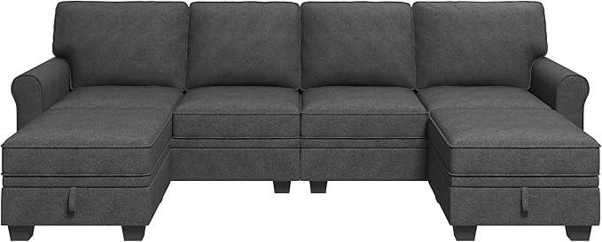 HONBAY Sectional Sofa with Storage Seat U Shaped Couch with Reversible Chaise Convertible Sectional Couches for Living Room,Dark Grey
