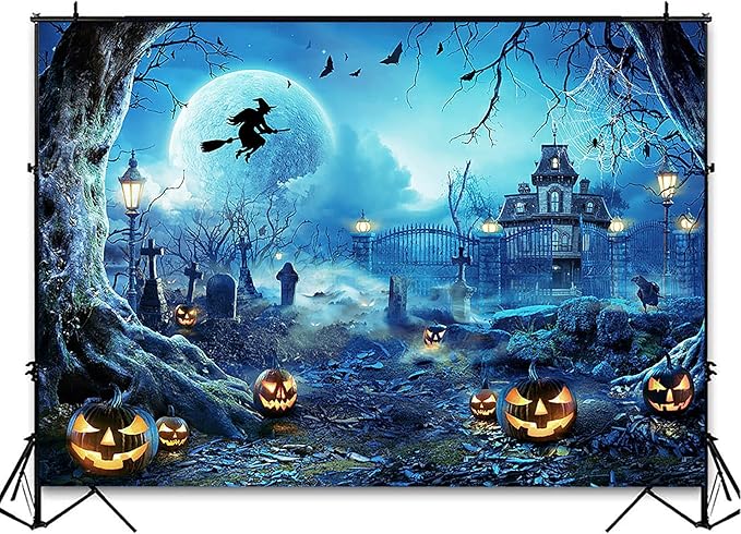 Avezano Halloween Photography Backdrop Full Moon Scary Night Castle Pumpkins Party Background Spooky Witch Bats Cemetery Child Kids Halloween Party Decorations Photoshoot Backdrops (10x7ft, Blue)