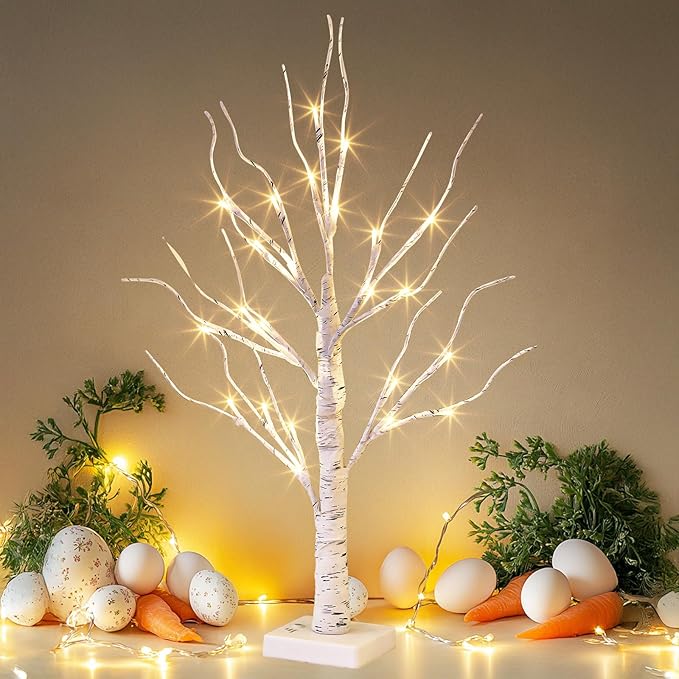 EAMBRITE Lighted Birch Tree Spring Decorations for Home, White Birch Tree with Lights, 24 LED Lighted Mini Money Tree Twig Tree Battery Operated with Timer, Christmas Indoor Centerpiece Decor (2FT)